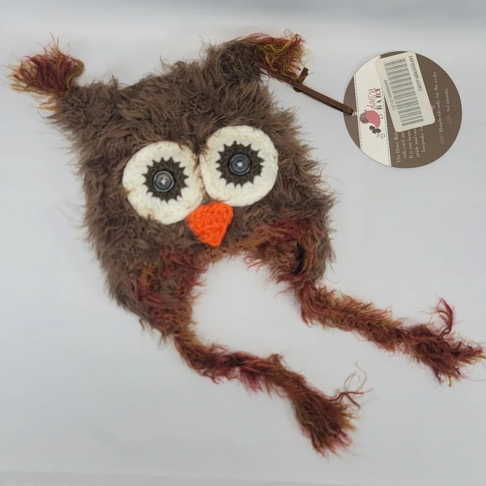 Owl Baby Hat With Tassels‎ Fuzzy Brown Crochet Eyes 0-6 months